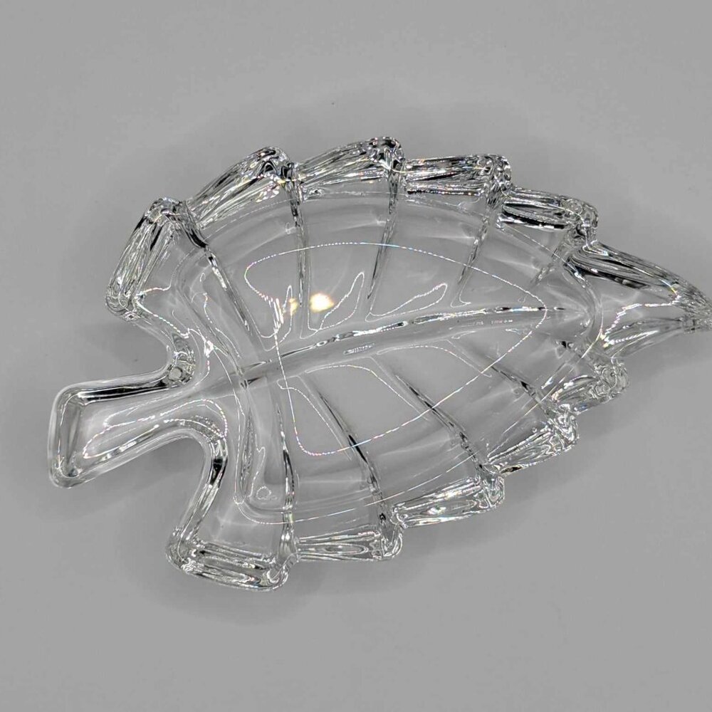 Glass Lead Crystal Leaf Shaped Trinket Jewelry Ring Dish Small Holder